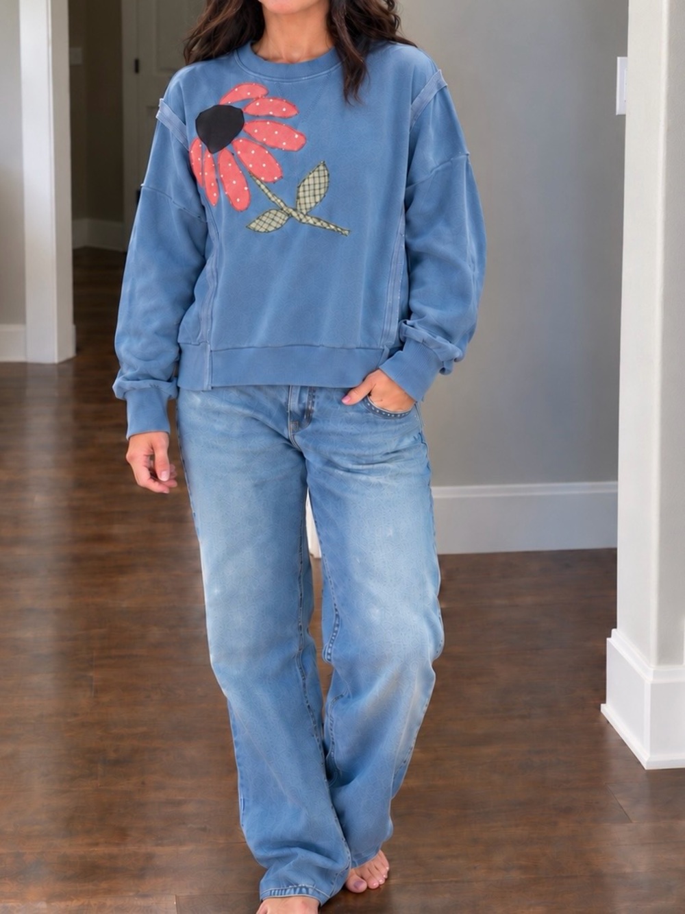 Handmade 100% Pre-Washed Cotton with Handmade Flower Appliqué Size Medium